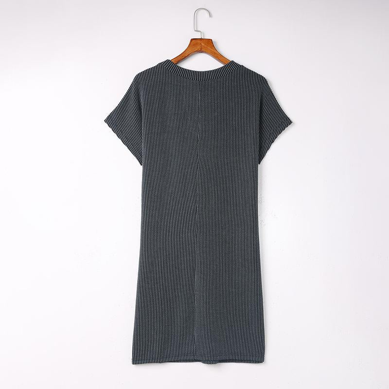 Women'S Striped Ribbed Knit round Neck Short Sleeve Comfort T-Shirt Shift Dress Casual Fabric Summer Womenswear