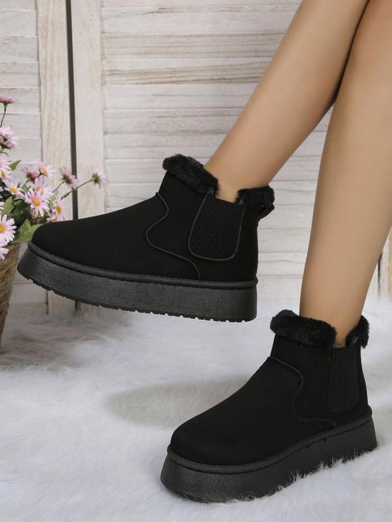 Women'S Solid Color Plush Lining Snow Boots, Fashionable Warm Ankle Boots for Fall & Winter, All-Match Commuter Shoes for Work & Daily Wear