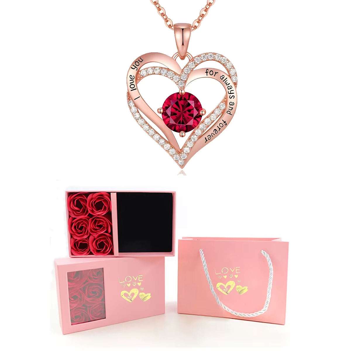 Heart Necklace with Roses and Gift Box - Valentine's Day