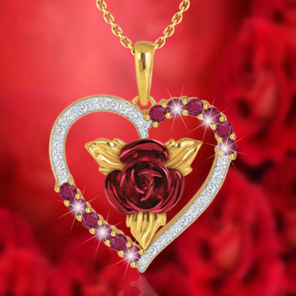 Heart Shaped Rose Pendant Necklace with Red and White Rhinestone - Valentine's Day