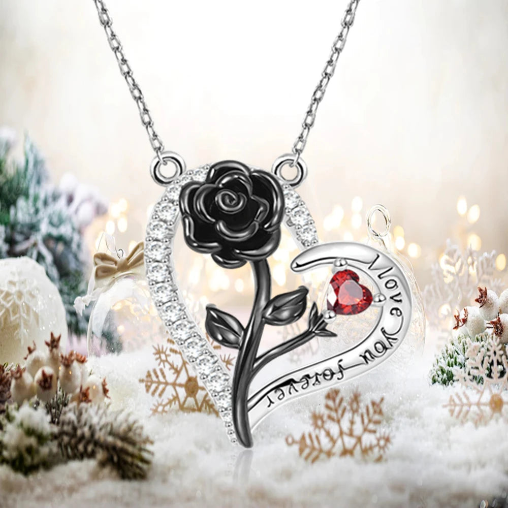 Heart Shaped Rose Pendant Necklace with Red and White Rhinestone - Valentine's Day