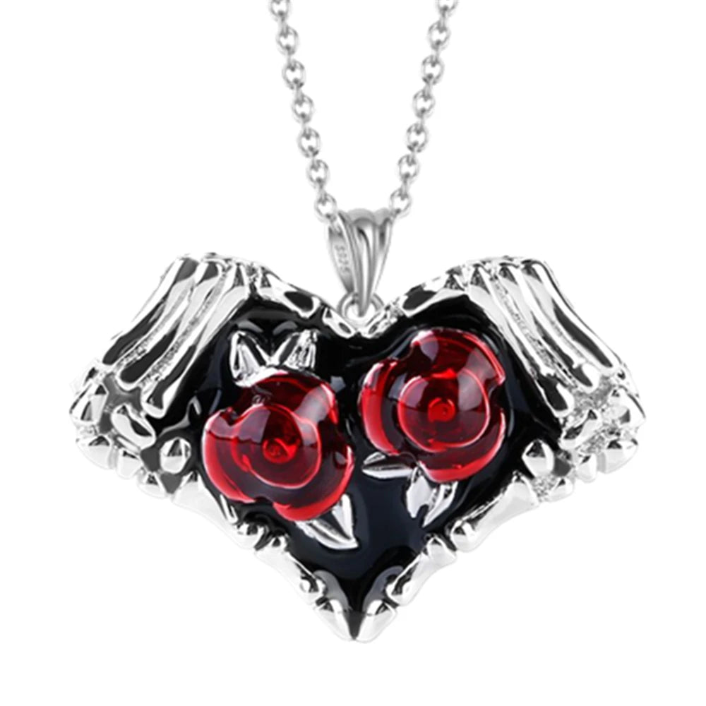 Heart Shaped Rose Pendant Necklace with Red and White Rhinestone - Valentine's Day