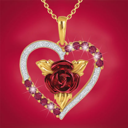 Heart Shaped Rose Pendant Necklace with Red and White Rhinestone - Valentine's Day