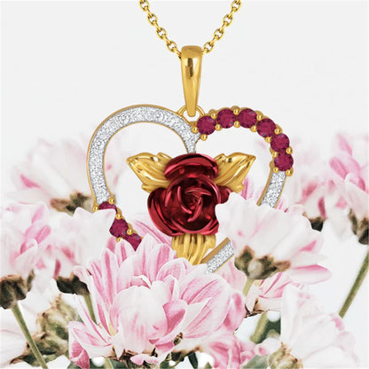 Heart Shaped Rose Pendant Necklace with Red and White Rhinestone - Valentine's Day