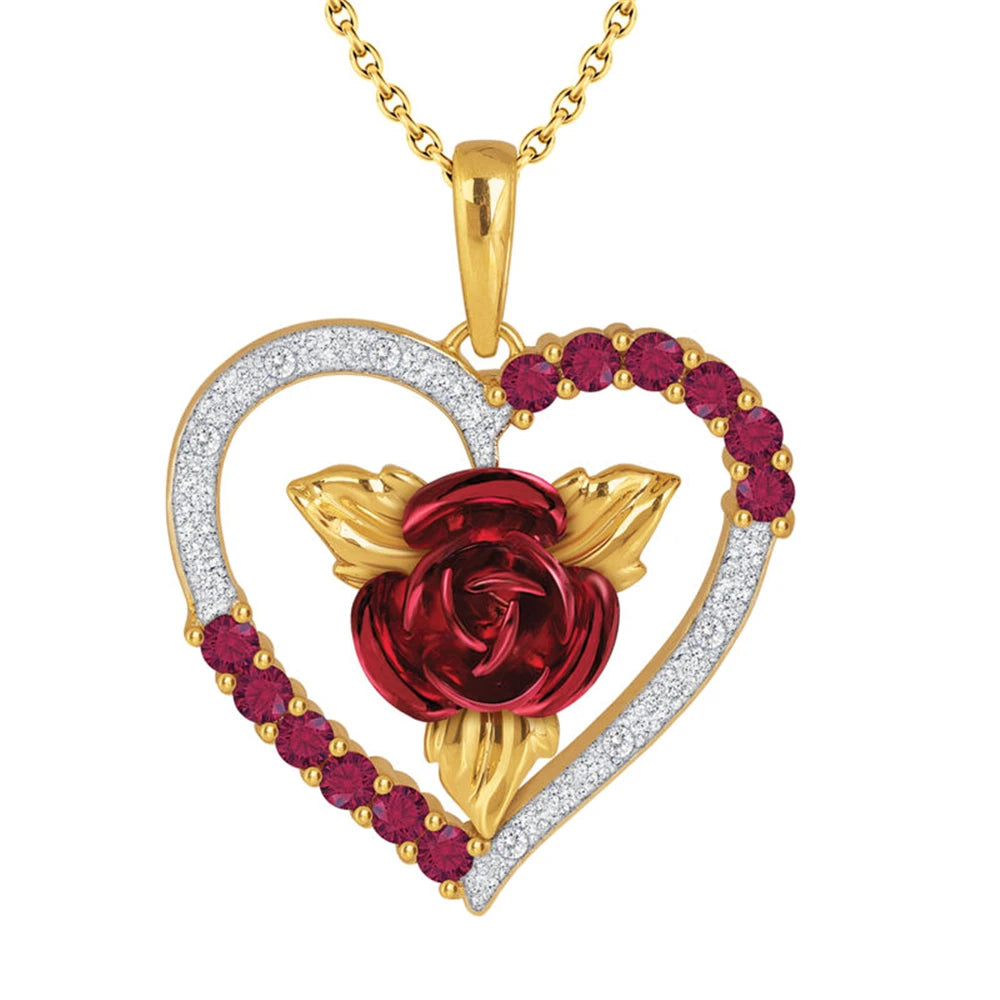 Heart Shaped Rose Pendant Necklace with Red and White Rhinestone - Valentine's Day