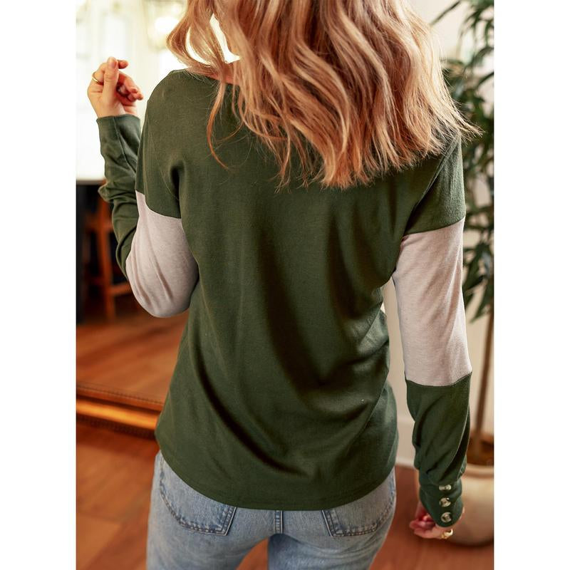 Dokotoo Womens Tops Color Block Long Sleeve Shirts V Neck Casual Loose Fit T Shirts Fall Tops Outfits Clothes 2025