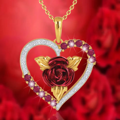 Heart Shaped Rose Pendant Necklace with Red and White Rhinestone - Valentine's Day