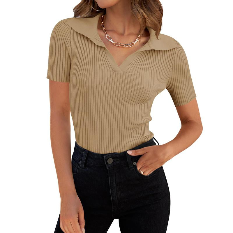 ZESICA Women'S Short Sleeve V Neck T Shirts 2024 Summer Ribbed Knit Slim Fitted Basic Solid Color Tee Tops Comfort Womenswear Lady