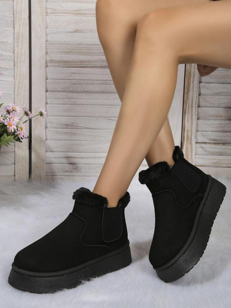 Women'S Solid Color Plush Lining Snow Boots, Fashionable Warm Ankle Boots for Fall & Winter, All-Match Commuter Shoes for Work & Daily Wear